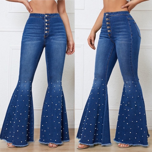 🆕 DARK BLUE DENIM PEARL BELL SHAPE BOTTOM JEANS - Picture 1 of 11